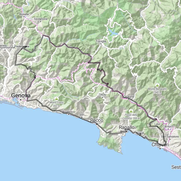 Miniatura della mappa di ispirazione al ciclismo "Giro panoramico tra le colline liguri" nella regione di Liguria, Italy. Generata da Tarmacs.app, pianificatore di rotte ciclistiche