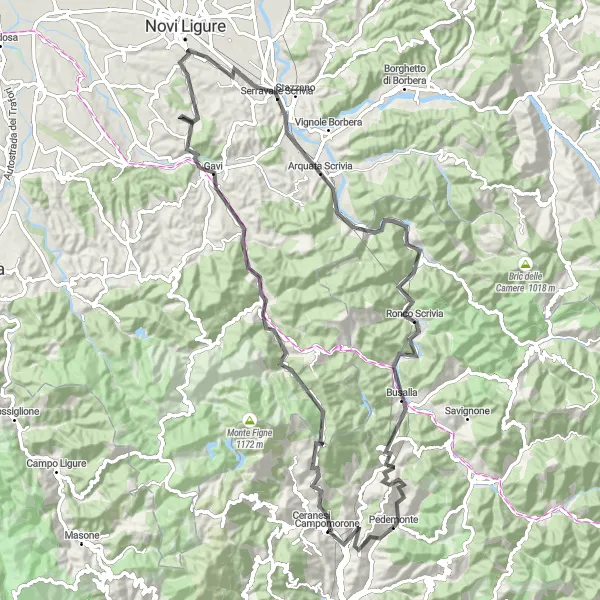 Miniature de la carte de l'inspiration cycliste "Montagnes et vallées ligures" dans la Liguria, Italy. Générée par le planificateur d'itinéraire cycliste Tarmacs.app