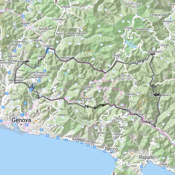 Kartminiatyr av "Fjellrike Landskap langs Landevei fra Pedemonte" sykkelinspirasjon i Liguria, Italy. Generert av Tarmacs.app sykkelrutoplanlegger