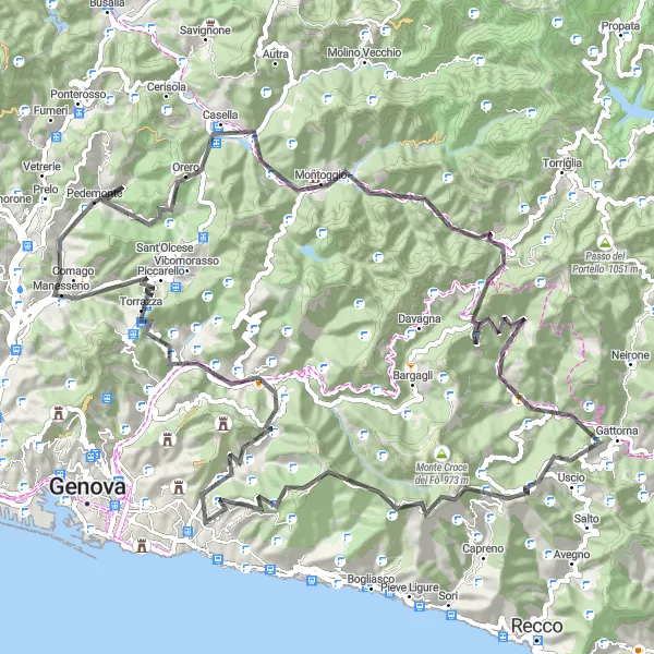Miniatua del mapa de inspiración ciclista "Ruta en Carretera Montoggio - Pedemonte" en Liguria, Italy. Generado por Tarmacs.app planificador de rutas ciclistas