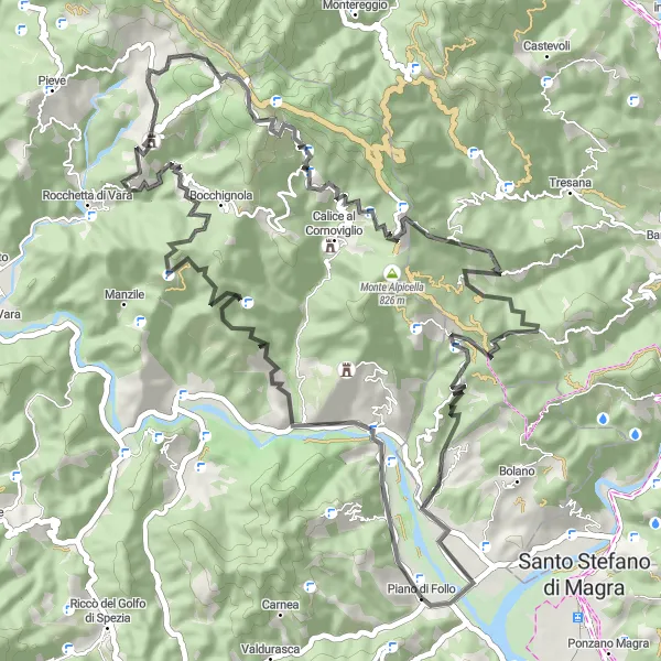 Miniaturní mapa "Okružní cyklistická trasa kolem Piano di Follo" inspirace pro cyklisty v oblasti Liguria, Italy. Vytvořeno pomocí plánovače tras Tarmacs.app