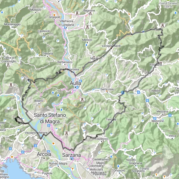 Kartminiatyr av "Lang tur til Licciana Nardi og Comano" sykkelinspirasjon i Liguria, Italy. Generert av Tarmacs.app sykkelrutoplanlegger