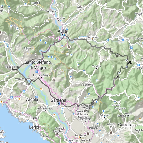 Miniaturní mapa "Výlet na kole z Piano di Follo" inspirace pro cyklisty v oblasti Liguria, Italy. Vytvořeno pomocí plánovače tras Tarmacs.app