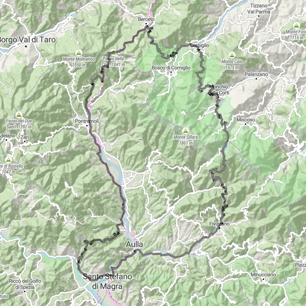 Karttaminiaatyyri "Pyöräilyreitti Follo-pianolta - Passo della Cisan kautta" pyöräilyinspiraatiosta alueella Liguria, Italy. Luotu Tarmacs.app pyöräilyreittisuunnittelijalla