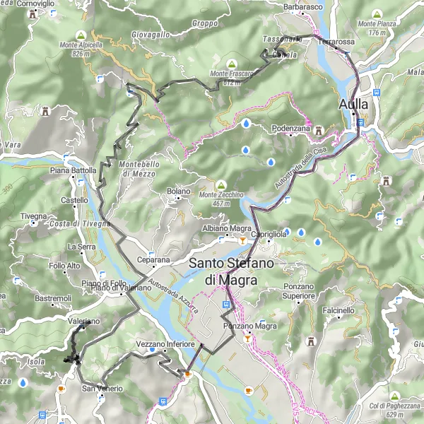 Miniaturní mapa "Gravelová cyklistická trasa u Piano di Follo" inspirace pro cyklisty v oblasti Liguria, Italy. Vytvořeno pomocí plánovače tras Tarmacs.app