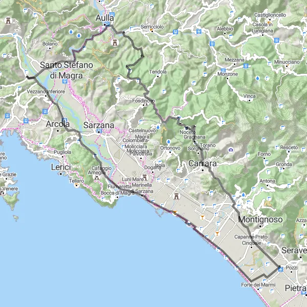 Map miniature of "Fortezza della Brunella" cycling inspiration in Liguria, Italy. Generated by Tarmacs.app cycling route planner