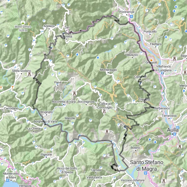 Mapa miniatúra "Cyklotrasa s výhľadmi na Monte Calvario" cyklistická inšpirácia v Liguria, Italy. Vygenerované cyklistickým plánovačom trás Tarmacs.app