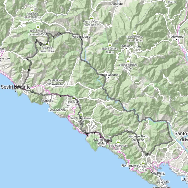 Kartminiatyr av "Coastal to Mountain Challenge: Levanto to Monte Mezzano" sykkelinspirasjon i Liguria, Italy. Generert av Tarmacs.app sykkelrutoplanlegger