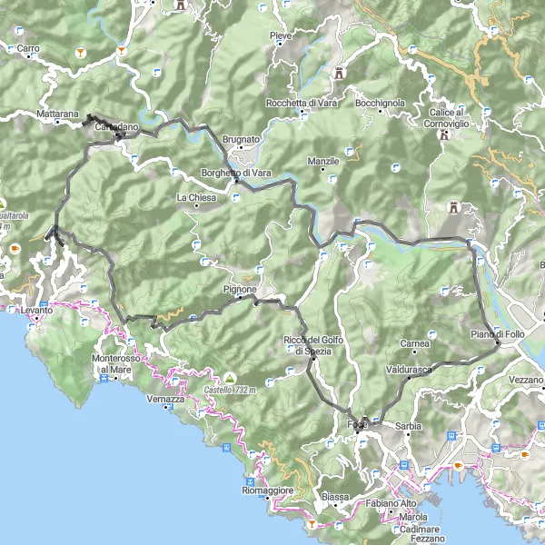 Miniaturní mapa "Okružní trasa z Piano di Follo" inspirace pro cyklisty v oblasti Liguria, Italy. Vytvořeno pomocí plánovače tras Tarmacs.app