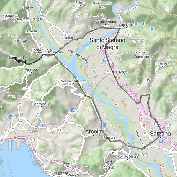 Miniatuurkaart van de fietsinspiratie "Verkenning van Santo Stefano di Magra" in Liguria, Italy. Gemaakt door de Tarmacs.app fietsrouteplanner