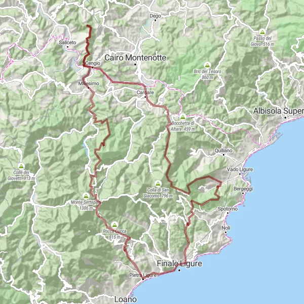 Map miniature of "Challenging Gravel Route through Liguria's Countryside" cycling inspiration in Liguria, Italy. Generated by Tarmacs.app cycling route planner