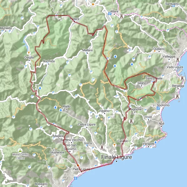 Miniatua del mapa de inspiración ciclista "Ruta de ciclismo de grava hacia Pietra Ligure" en Liguria, Italy. Generado por Tarmacs.app planificador de rutas ciclistas
