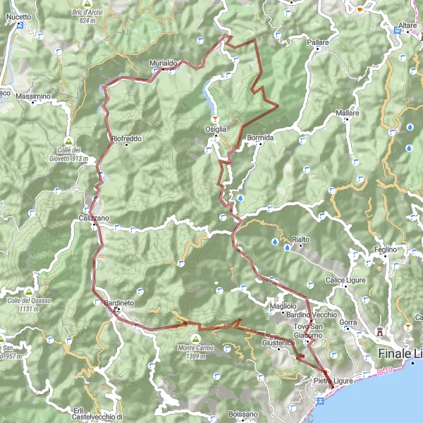 Miniatua del mapa de inspiración ciclista "Ruta desafiante de ciclismo de grava hacia Monte Settepani" en Liguria, Italy. Generado por Tarmacs.app planificador de rutas ciclistas