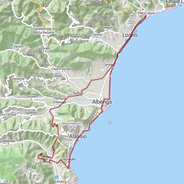 Miniatura della mappa di ispirazione al ciclismo "Esplorazione in Gravel della Riviera Ligure" nella regione di Liguria, Italy. Generata da Tarmacs.app, pianificatore di rotte ciclistiche