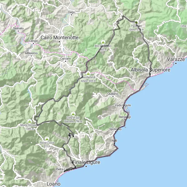 Miniatua del mapa de inspiración ciclista "Ruta de 123 km en carretera cerca de Pietra Ligure" en Liguria, Italy. Generado por Tarmacs.app planificador de rutas ciclistas