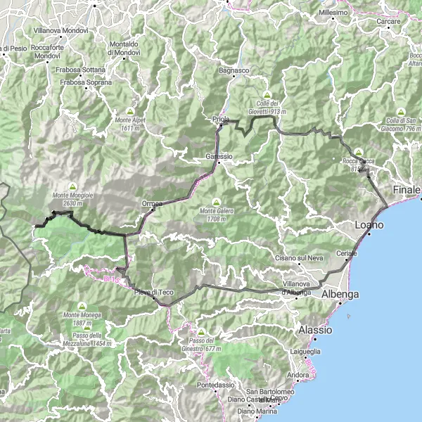 Miniatua del mapa de inspiración ciclista "Ruta de 153 km en carretera cerca de Pietra Ligure" en Liguria, Italy. Generado por Tarmacs.app planificador de rutas ciclistas