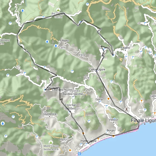 Miniatura della mappa di ispirazione al ciclismo "Tour in Bici per la Costa Ligure" nella regione di Liguria, Italy. Generata da Tarmacs.app, pianificatore di rotte ciclistiche