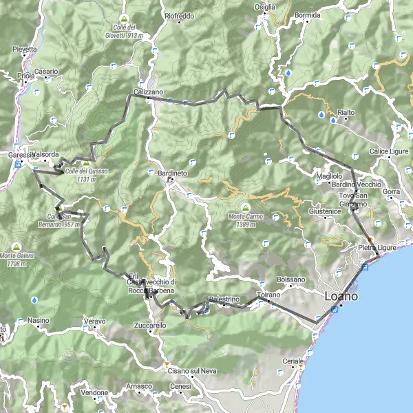 Kartminiatyr av "Liguria kystvei utfordring" sykkelinspirasjon i Liguria, Italy. Generert av Tarmacs.app sykkelrutoplanlegger
