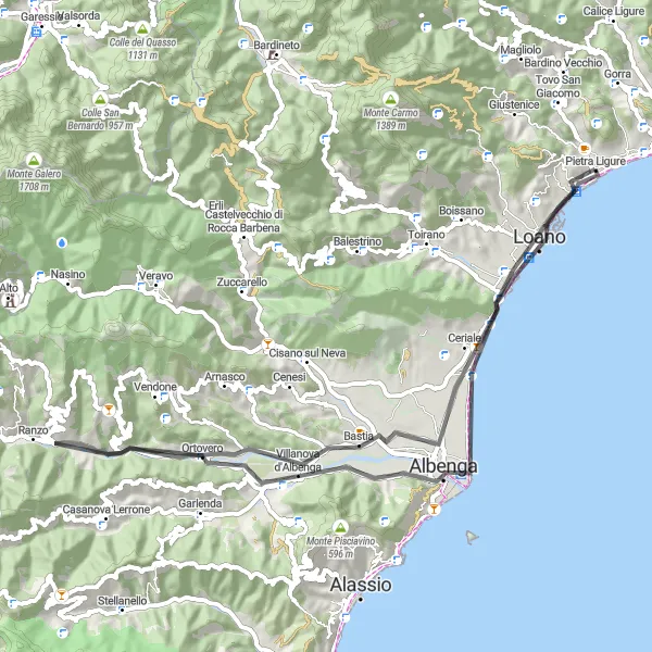 Karttaminiaatyyri "Maantiepyöräilyreitti kohteesta Pietra Ligure" pyöräilyinspiraatiosta alueella Liguria, Italy. Luotu Tarmacs.app pyöräilyreittisuunnittelijalla