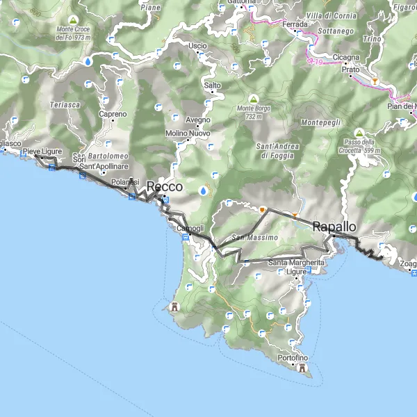 Map miniature of "Pieve Ligure and the Splendid Coast" cycling inspiration in Liguria, Italy. Generated by Tarmacs.app cycling route planner