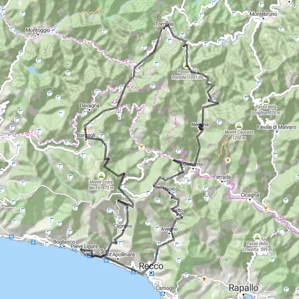 Zemljevid v pomanjšavi "Pustolovska kolesarska tura skozi ligurske hribe" kolesarske inspiracije v Liguria, Italy. Generirano z načrtovalcem kolesarskih poti Tarmacs.app