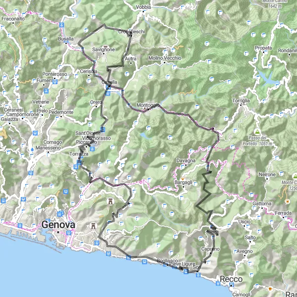 Miniatura della mappa di ispirazione al ciclismo "Giro in bici a Pieve Ligure e oltre" nella regione di Liguria, Italy. Generata da Tarmacs.app, pianificatore di rotte ciclistiche