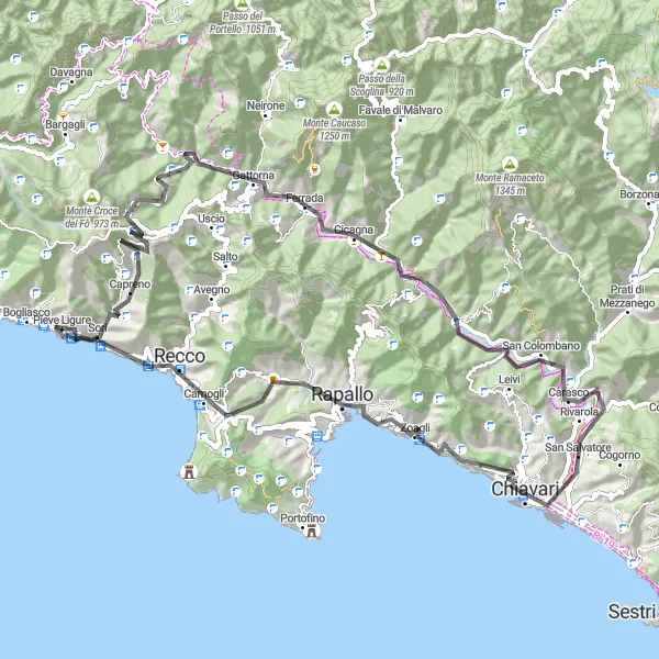 Karttaminiaatyyri "Monte Santa Croce - Pieve Ligure Circuit" pyöräilyinspiraatiosta alueella Liguria, Italy. Luotu Tarmacs.app pyöräilyreittisuunnittelijalla