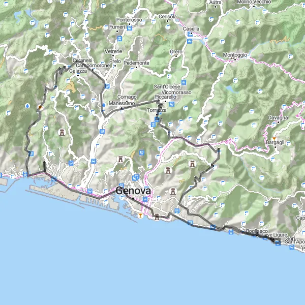 Zemljevid v pomanjšavi "Cikel pot okoli Pieve Ligure - Genova" kolesarske inspiracije v Liguria, Italy. Generirano z načrtovalcem kolesarskih poti Tarmacs.app