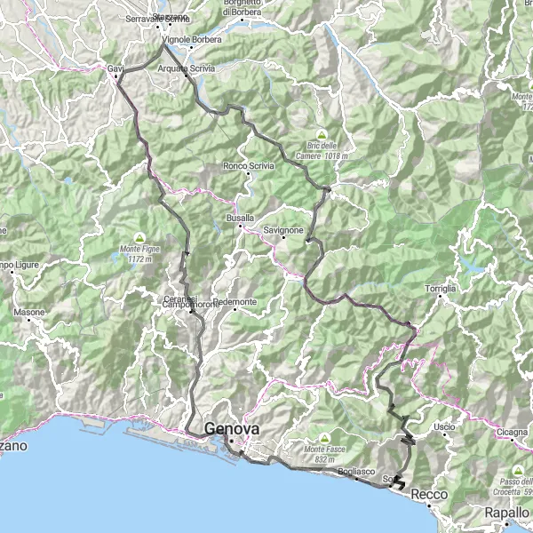 Zemljevid v pomanjšavi "Pieve Ligure - Monte Santa Croce - Genova - Monte Carlo" kolesarske inspiracije v Liguria, Italy. Generirano z načrtovalcem kolesarskih poti Tarmacs.app