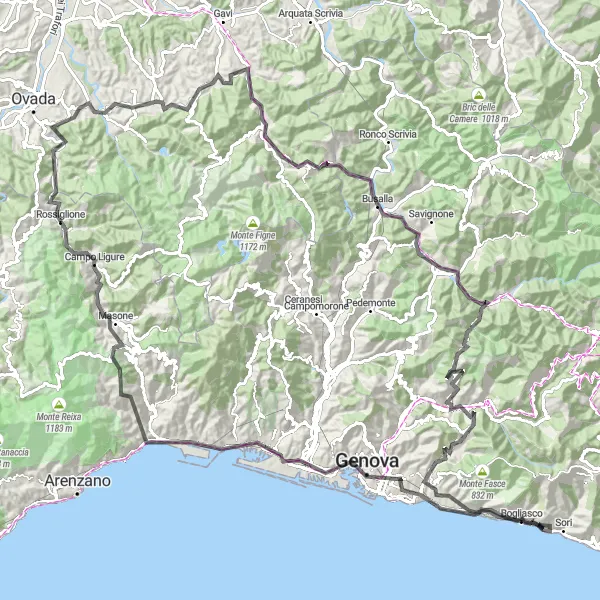 Miniatua del mapa de inspiración ciclista "Desafío montañoso por Genoa y sus alrededores" en Liguria, Italy. Generado por Tarmacs.app planificador de rutas ciclistas