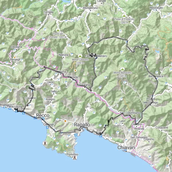 Zemljevid v pomanjšavi "Velika cestna avantura v Liguriji" kolesarske inspiracije v Liguria, Italy. Generirano z načrtovalcem kolesarskih poti Tarmacs.app