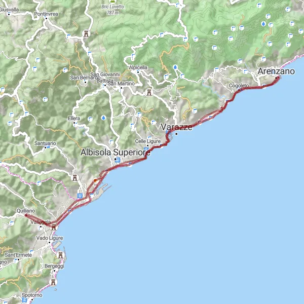 Miniatura della mappa di ispirazione al ciclismo "Tour in bicicletta da Quiliano a Varazze passando per Arenzano e Bricco" nella regione di Liguria, Italy. Generata da Tarmacs.app, pianificatore di rotte ciclistiche