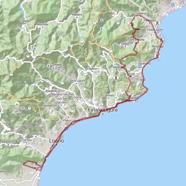 Map miniature of "Quiliano - Monte Pian Mora Gravel Loop" cycling inspiration in Liguria, Italy. Generated by Tarmacs.app cycling route planner
