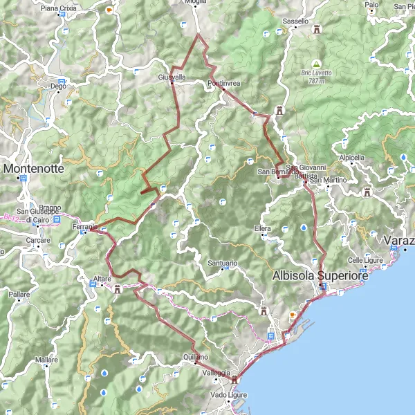 Miniatura della mappa di ispirazione al ciclismo "Bicicletta tra Quiliano e Giusvalla attraverso Monti Liguri e alture panoramiche" nella regione di Liguria, Italy. Generata da Tarmacs.app, pianificatore di rotte ciclistiche
