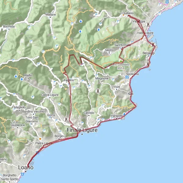 Miniaturní mapa "Gravel Adventure to Finalborgo" inspirace pro cyklisty v oblasti Liguria, Italy. Vytvořeno pomocí plánovače tras Tarmacs.app