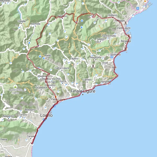 Miniatura della mappa di ispirazione al ciclismo "Sentieri segreti dell'entroterra" nella regione di Liguria, Italy. Generata da Tarmacs.app, pianificatore di rotte ciclistiche