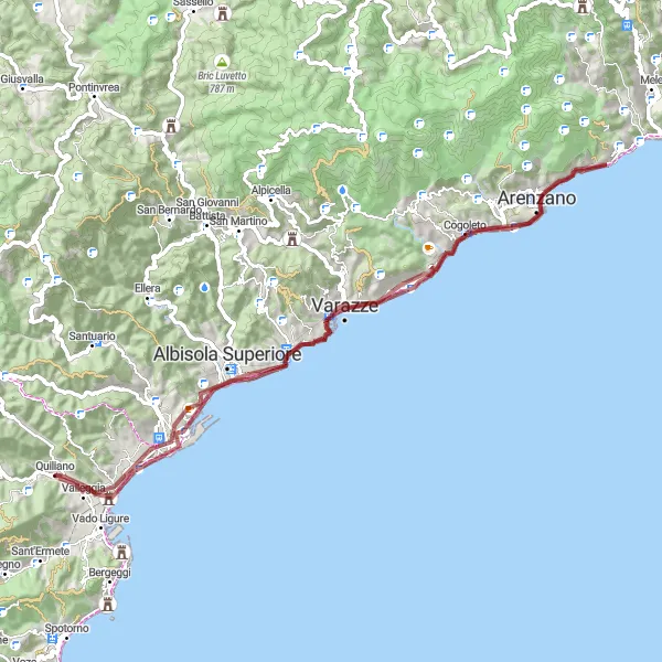 Map miniature of "Gravel Route around Quiliano" cycling inspiration in Liguria, Italy. Generated by Tarmacs.app cycling route planner