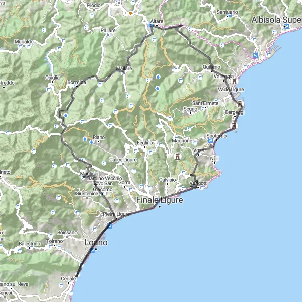 Kartminiatyr av "Vägcykling i Ligurien: Vado Ligure till Viarzo" cykelinspiration i Liguria, Italy. Genererad av Tarmacs.app cykelruttplanerare