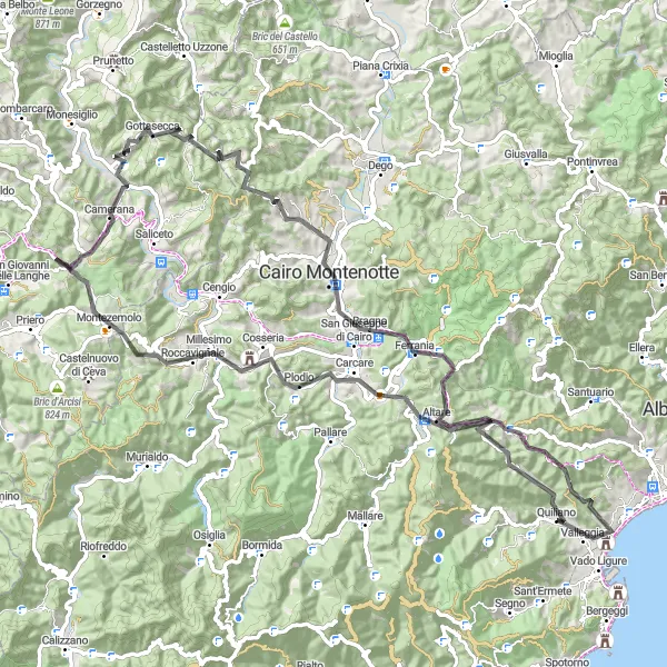Map miniature of "Quiliano - Forte di Madonna del Monte Loop" cycling inspiration in Liguria, Italy. Generated by Tarmacs.app cycling route planner