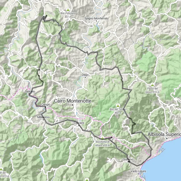 Map miniature of "Quiliano - Distinctive Road Cycling Route" cycling inspiration in Liguria, Italy. Generated by Tarmacs.app cycling route planner
