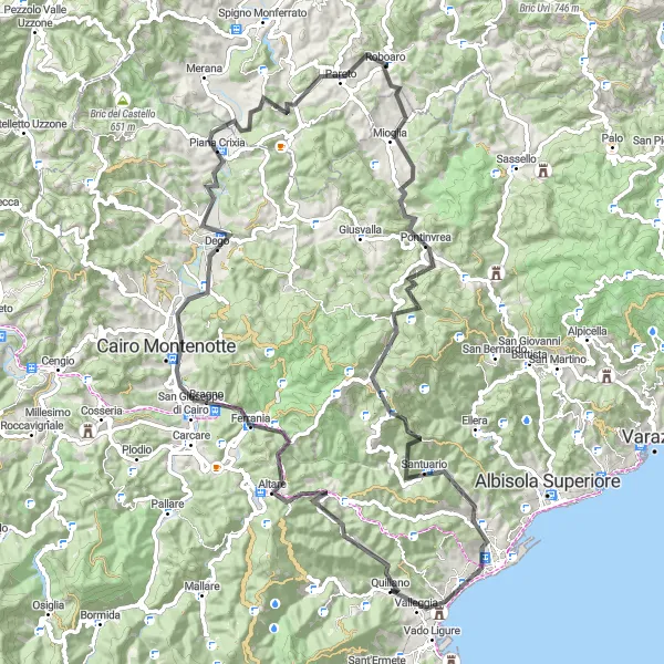 Miniature de la carte de l'inspiration cycliste "Parcours épique à travers les terres ligures" dans la Liguria, Italy. Générée par le planificateur d'itinéraire cycliste Tarmacs.app
