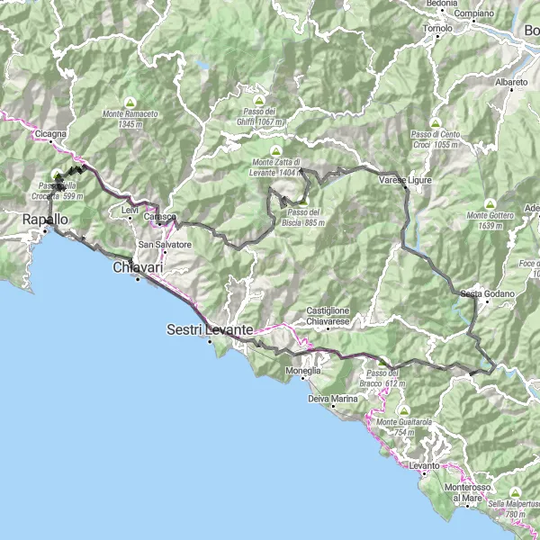 Mapa miniatúra "Cyklotúra Rapallo - Arzeno - Monte Moneglia" cyklistická inšpirácia v Liguria, Italy. Vygenerované cyklistickým plánovačom trás Tarmacs.app
