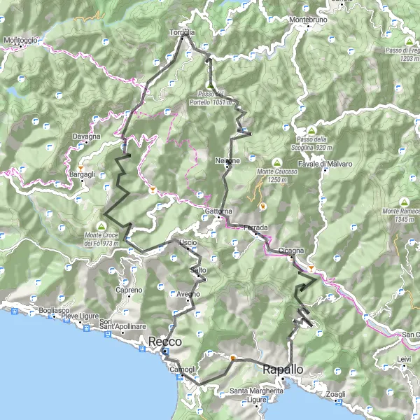 Mapa miniatúra "Cyklotrasa kolem Rapalla přes Torriglia a Cicagna" cyklistická inšpirácia v Liguria, Italy. Vygenerované cyklistickým plánovačom trás Tarmacs.app