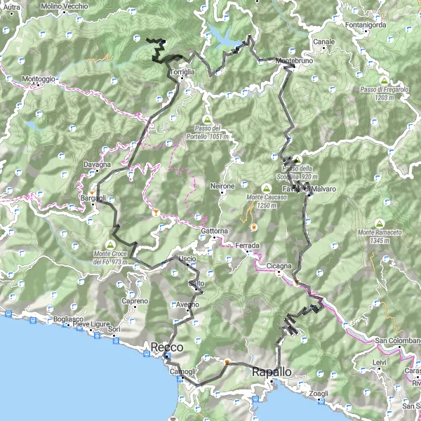 Miniatura della mappa di ispirazione al ciclismo "Giro in bicicletta intorno a Rapallo attraverso Monte Esoli e Monte Alpicella" nella regione di Liguria, Italy. Generata da Tarmacs.app, pianificatore di rotte ciclistiche