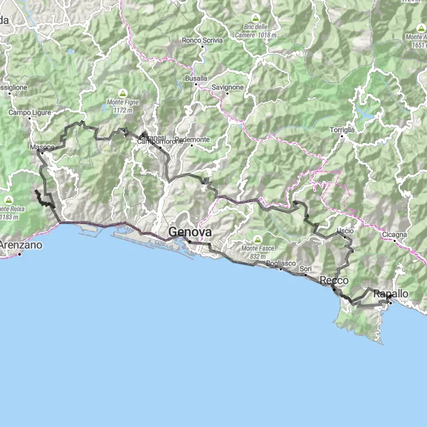 Mapa miniatúra "Kruhová cyklotúra okolo Genovy až do Recca" cyklistická inšpirácia v Liguria, Italy. Vygenerované cyklistickým plánovačom trás Tarmacs.app