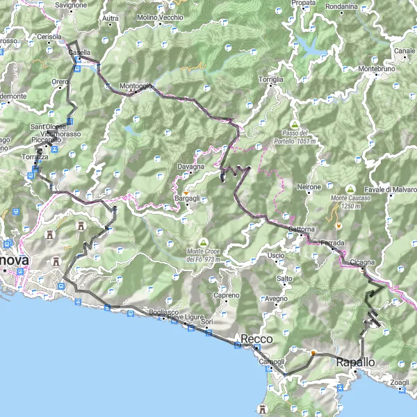 Mapa miniatúra "Cyklotrasa kolem Rapalla a Monte Castellaro" cyklistická inšpirácia v Liguria, Italy. Vygenerované cyklistickým plánovačom trás Tarmacs.app