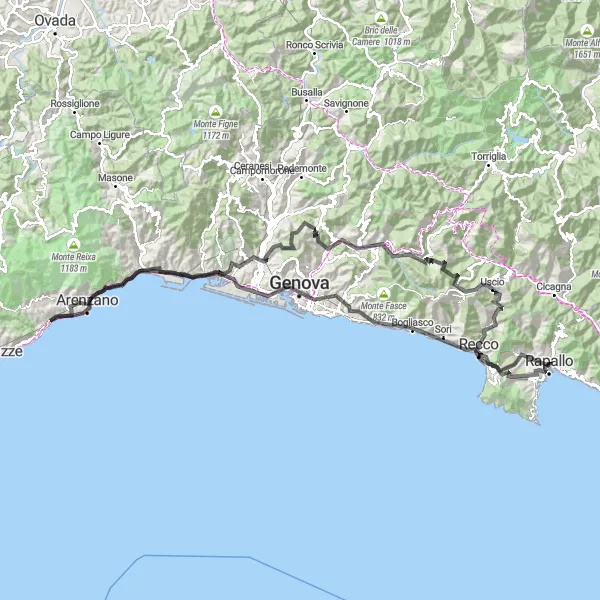 Kartminiatyr av "Oppdag Monte di Ruta og Genoa" sykkelinspirasjon i Liguria, Italy. Generert av Tarmacs.app sykkelrutoplanlegger