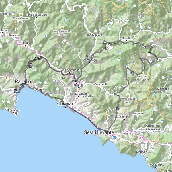 Miniaturní mapa "Cyklotrasa Santa Margherita Ligure" inspirace pro cyklisty v oblasti Liguria, Italy. Vytvořeno pomocí plánovače tras Tarmacs.app