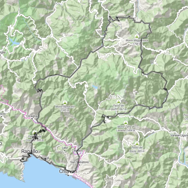 Mapa miniatúra "Okruhová cyklotrasa cez Passo della Crocetta a Monte la Crocetta" cyklistická inšpirácia v Liguria, Italy. Vygenerované cyklistickým plánovačom trás Tarmacs.app