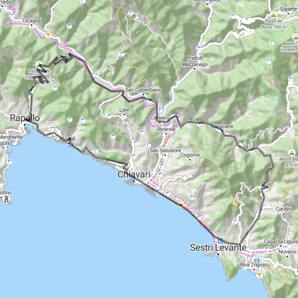 Miniature de la carte de l'inspiration cycliste "Parcours en boucle de Rapallo à Passo della Crocetta" dans la Liguria, Italy. Générée par le planificateur d'itinéraire cycliste Tarmacs.app